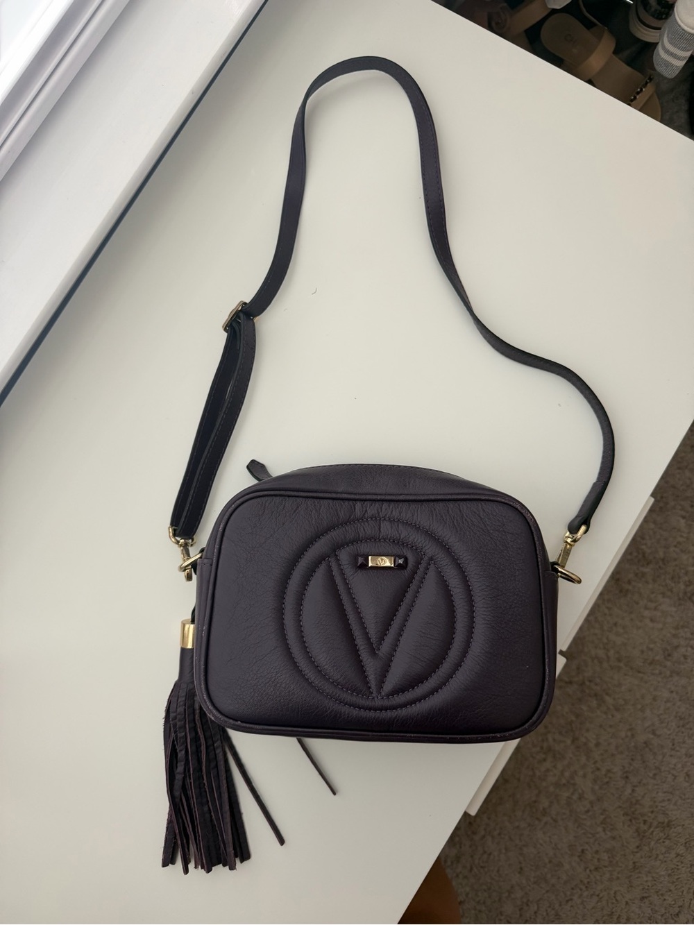 Valentino Dark Plum Quilted V-Logo Crossbody with Tassel